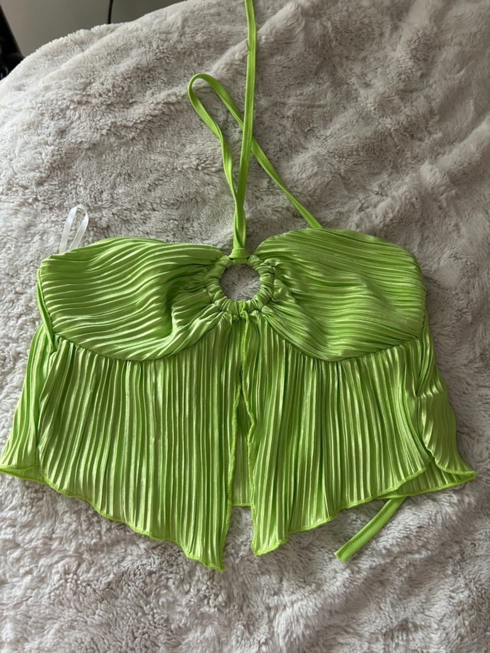 SHEIN Lime Green Pleated Halter Crop Top with Ring Detail